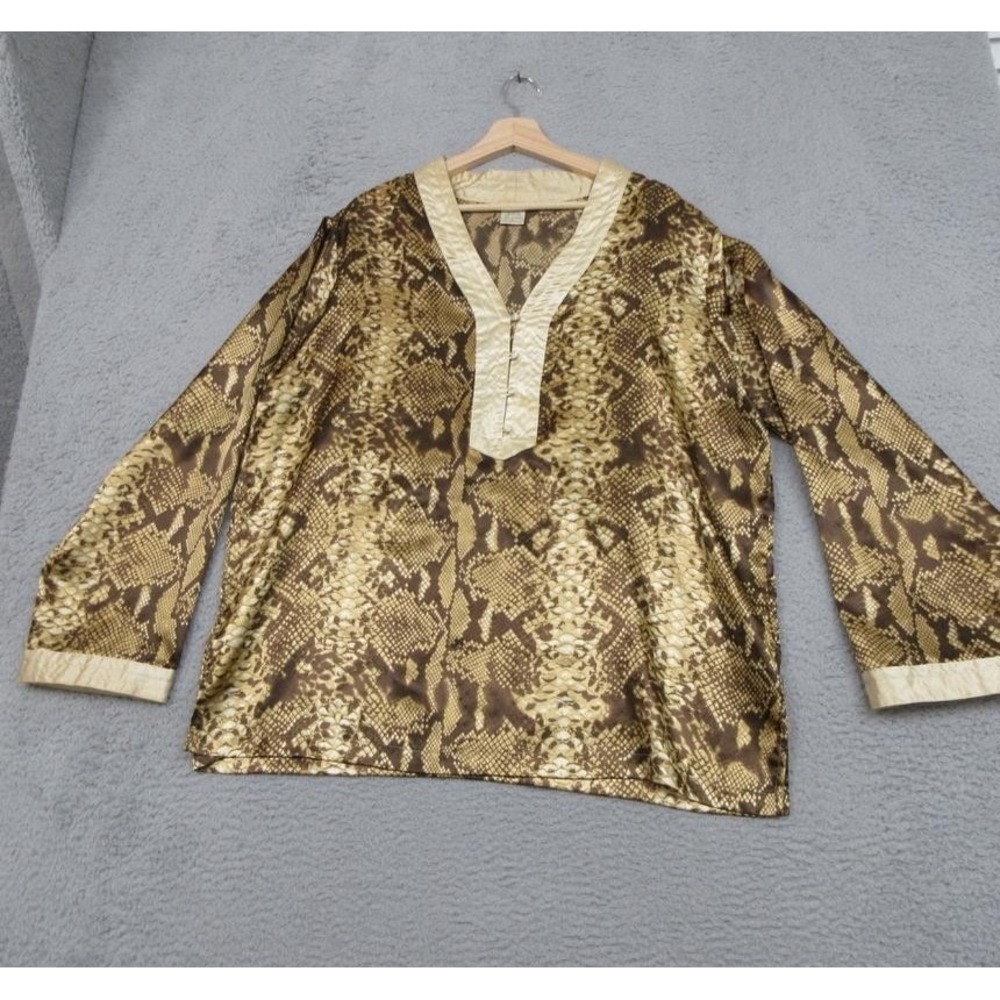 Robert Louis Animal Print Shirt Womens 1X Brown Snake Print Satin Trim Bold Glam
